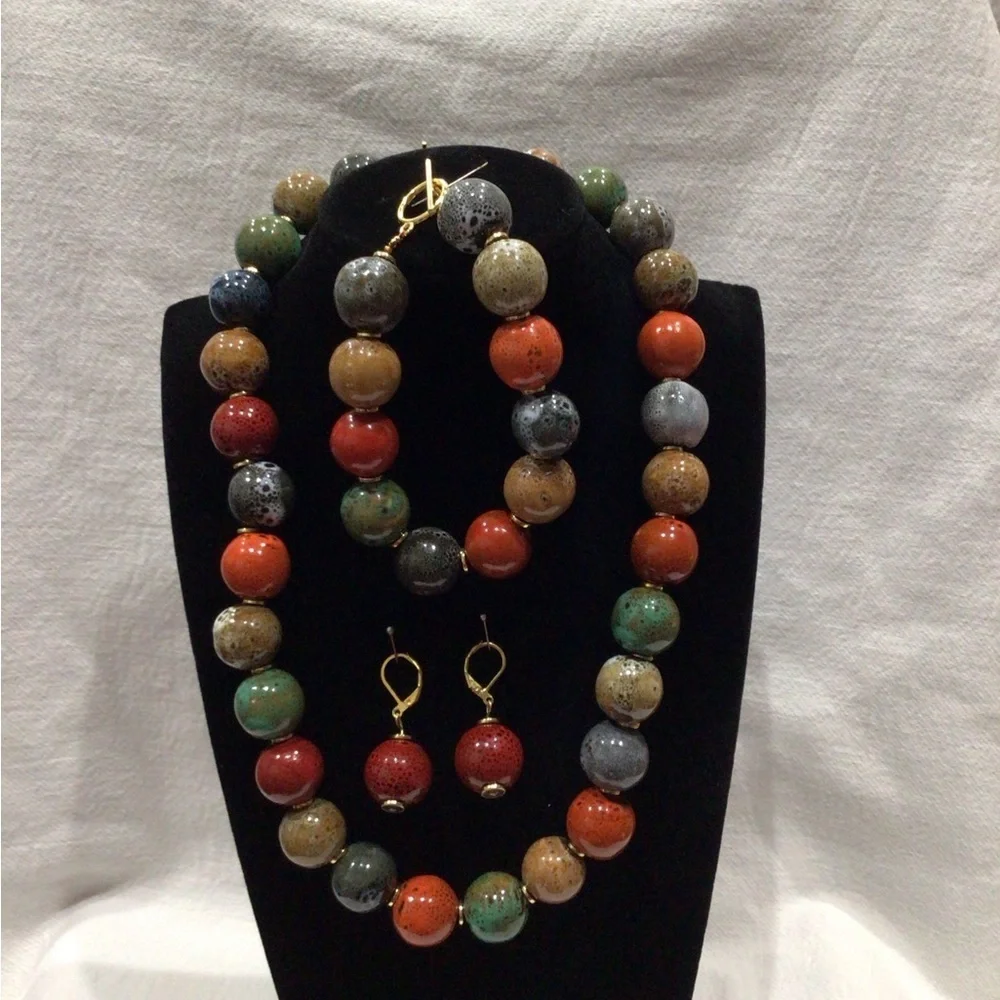 Tribal Earth Toned Colorful Beaded Necklace, Bracelet, and Earring Set